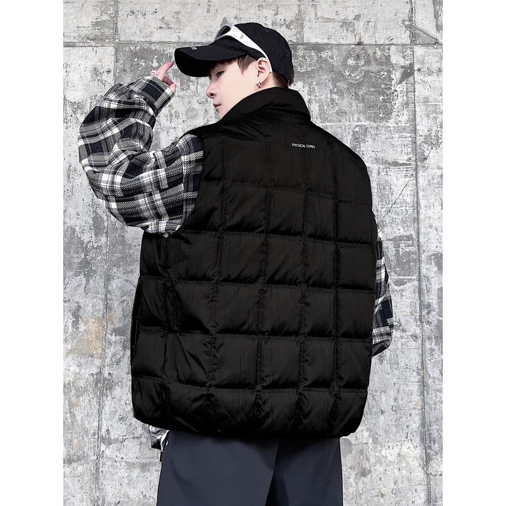 美式潮胖子黑色立领羽绒马甲男户外穿廓形加肥加大码办公坎肩外套