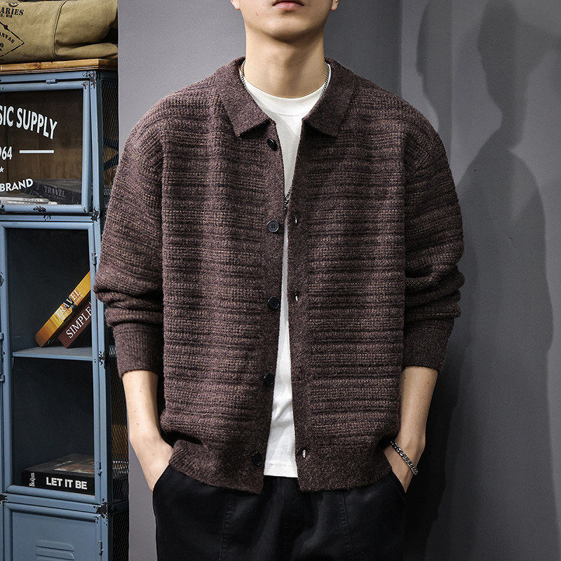春季新款翻领开衫男士毛衣潮流复古慵懒风休闲外套宽松百搭针织衫