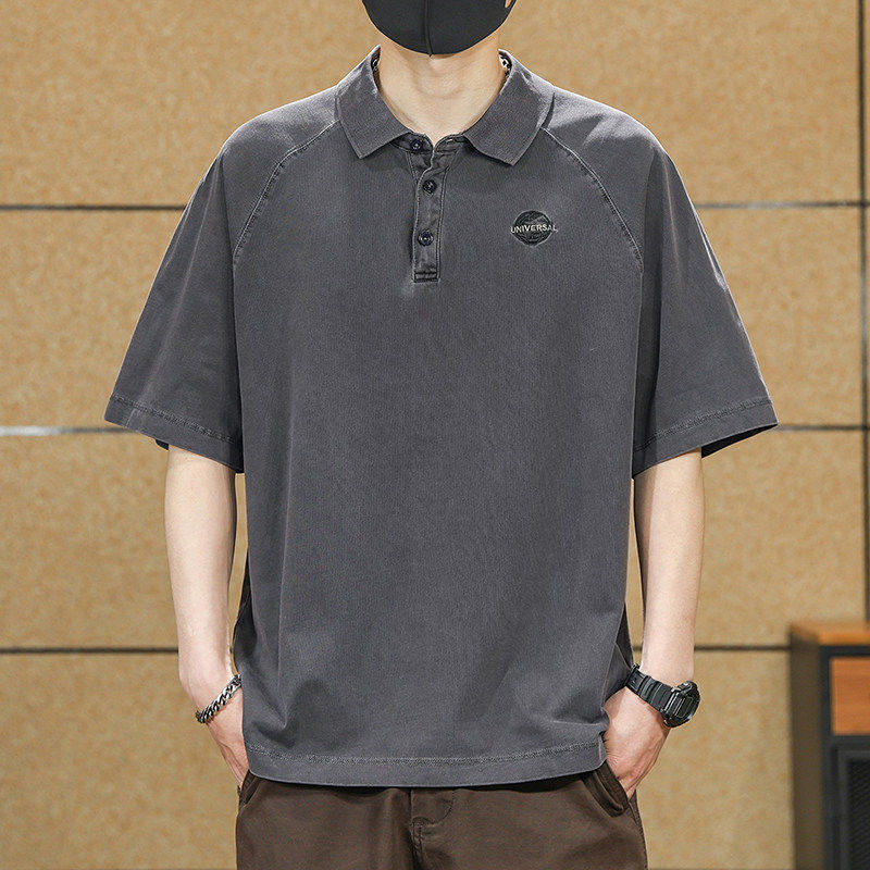 300g重磅短袖polo衫男夏季复古水洗纯棉宽松上衣男士潮流刺绣T恤