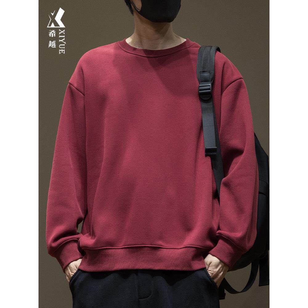 2025春秋新款重磅红色卫衣男士大码秋冬加绒内搭纯色长袖打底衫男