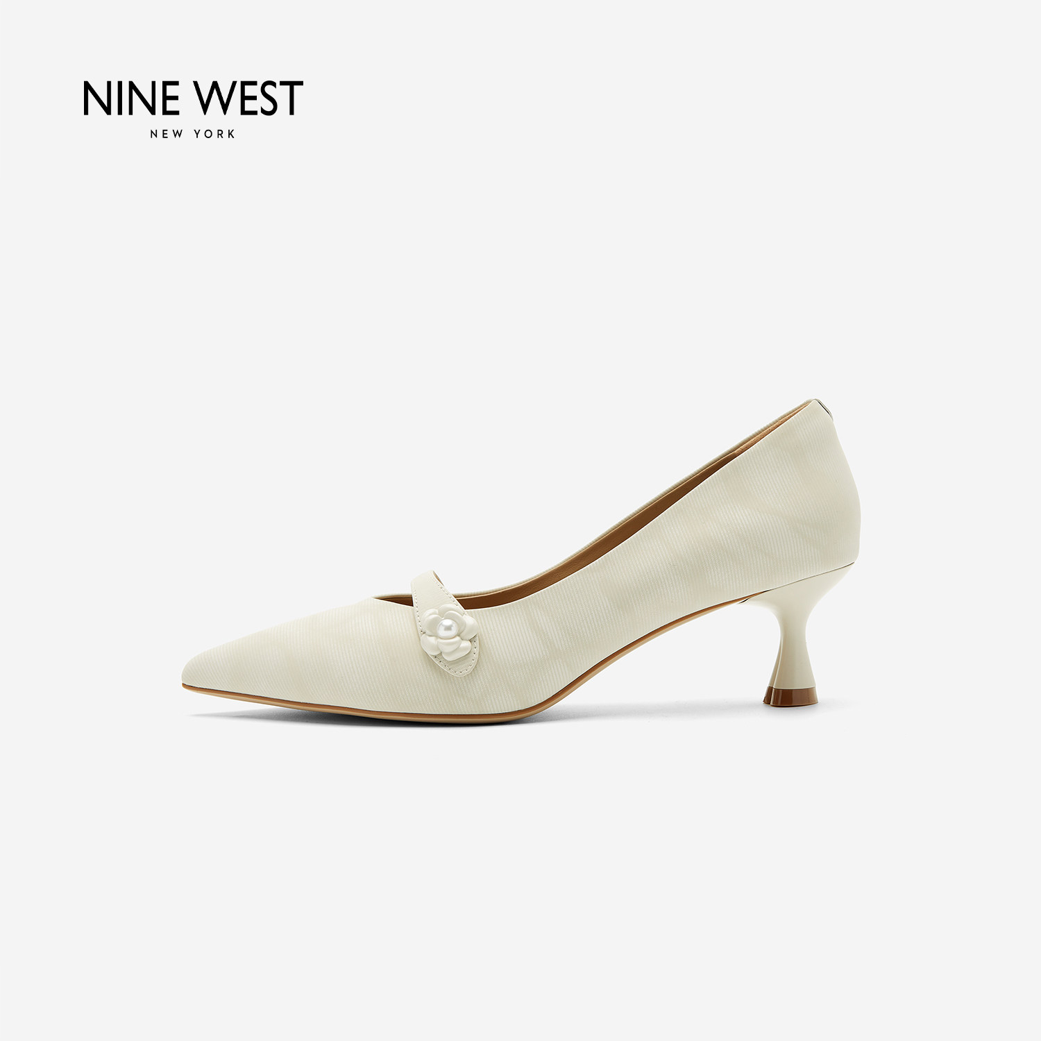 奥莱专供Nine West/玖熙优雅浅口尖头高跟鞋女珍珠装饰气质单鞋