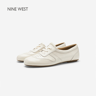 奥莱Nine West/玖熙休闲真皮小白鞋女圆头系带内增高时尚女鞋