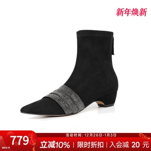 奥莱专供Nine 玖熙尖头水钻弹力瘦瘦靴袜靴女士短靴粗跟靴子 West