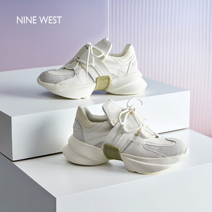 明星同款Nine West/玖熙厚底老爹鞋女增高小白鞋运动休闲鞋软