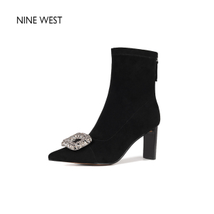 尖头黑色水钻扣巨好看气质高跟弹力靴 玖熙2025年新款 Nine West