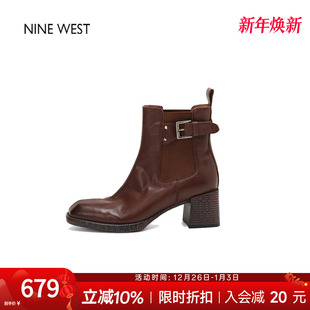 靴美拉德靴洋气小靴子女 玖熙真皮粗跟高跟鞋 奥莱专供Nine West