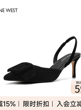 奥莱专供Nine West/玖熙名媛风露跟尖头高跟凉鞋黑色蝴蝶结猫跟鞋