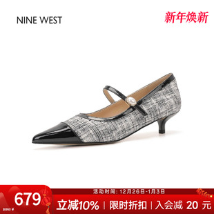 细跟尖头一字带浅口单鞋 奥莱专供Nine 拼接玛丽珍鞋 玖熙韩版 West