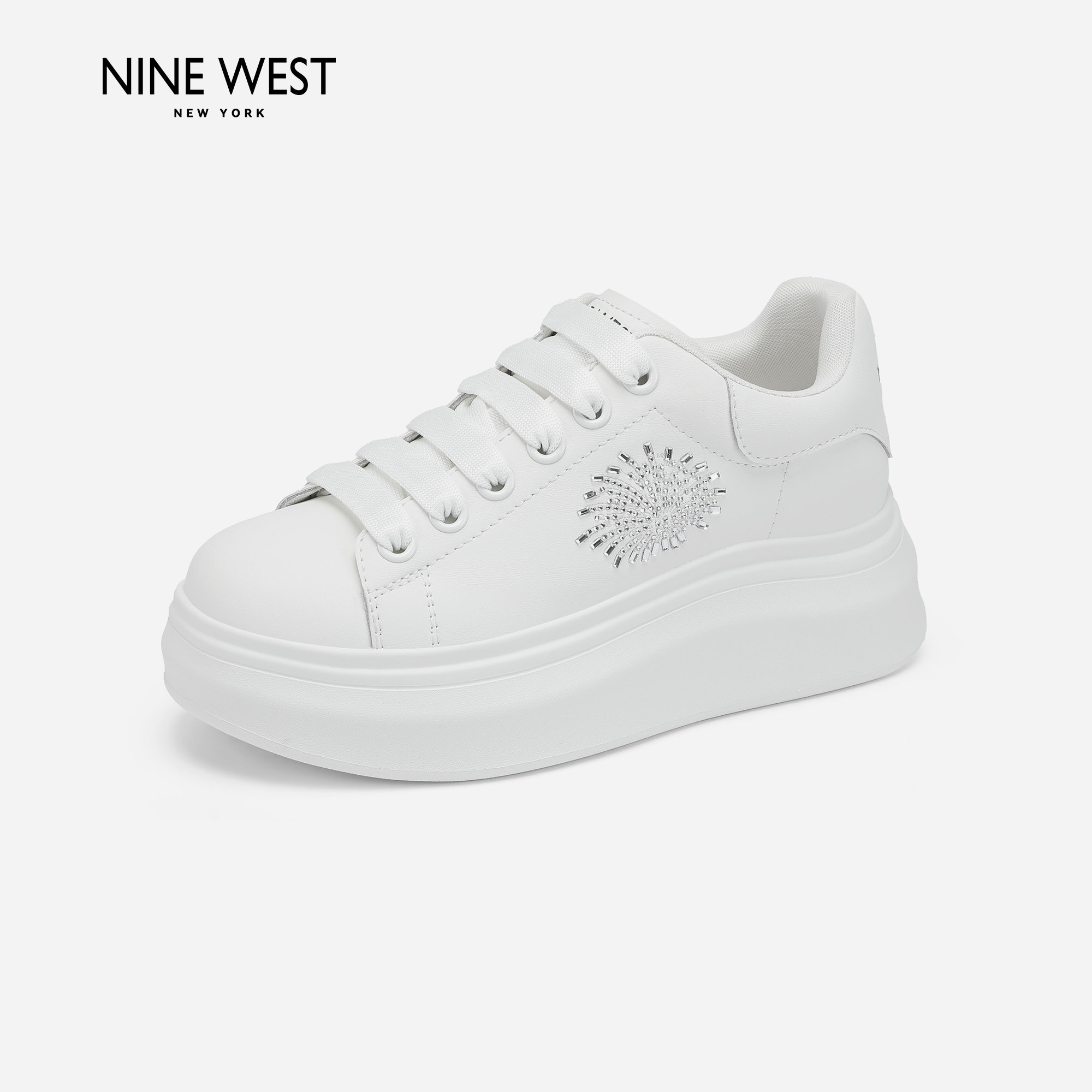 Nine West/玖熙小白鞋内增高女小个子厚底水钻烟花板鞋JJ真皮鞋垫