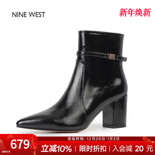 复古尖头时装 玖熙法式 靴粗跟短靴女高跟靴子冬 West 奥莱专供Nine