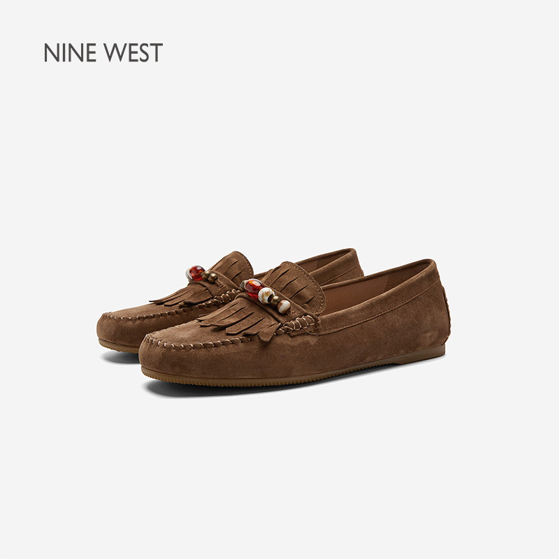 奥莱Nine West/玖熙反绒皮流苏乐福鞋女平底一脚蹬休闲百搭豆豆鞋