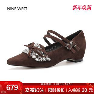 绝美单鞋 奥莱专供Nine 翻毛皮鞋 玖熙蝴蝶结双带玛丽珍高跟鞋 West