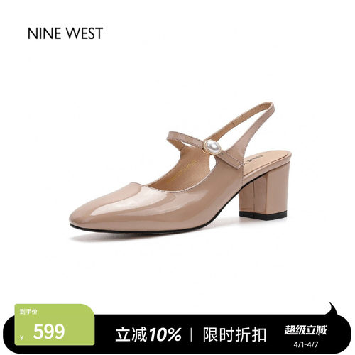 玖熙方头漆皮粗跟后空玛丽珍凉鞋