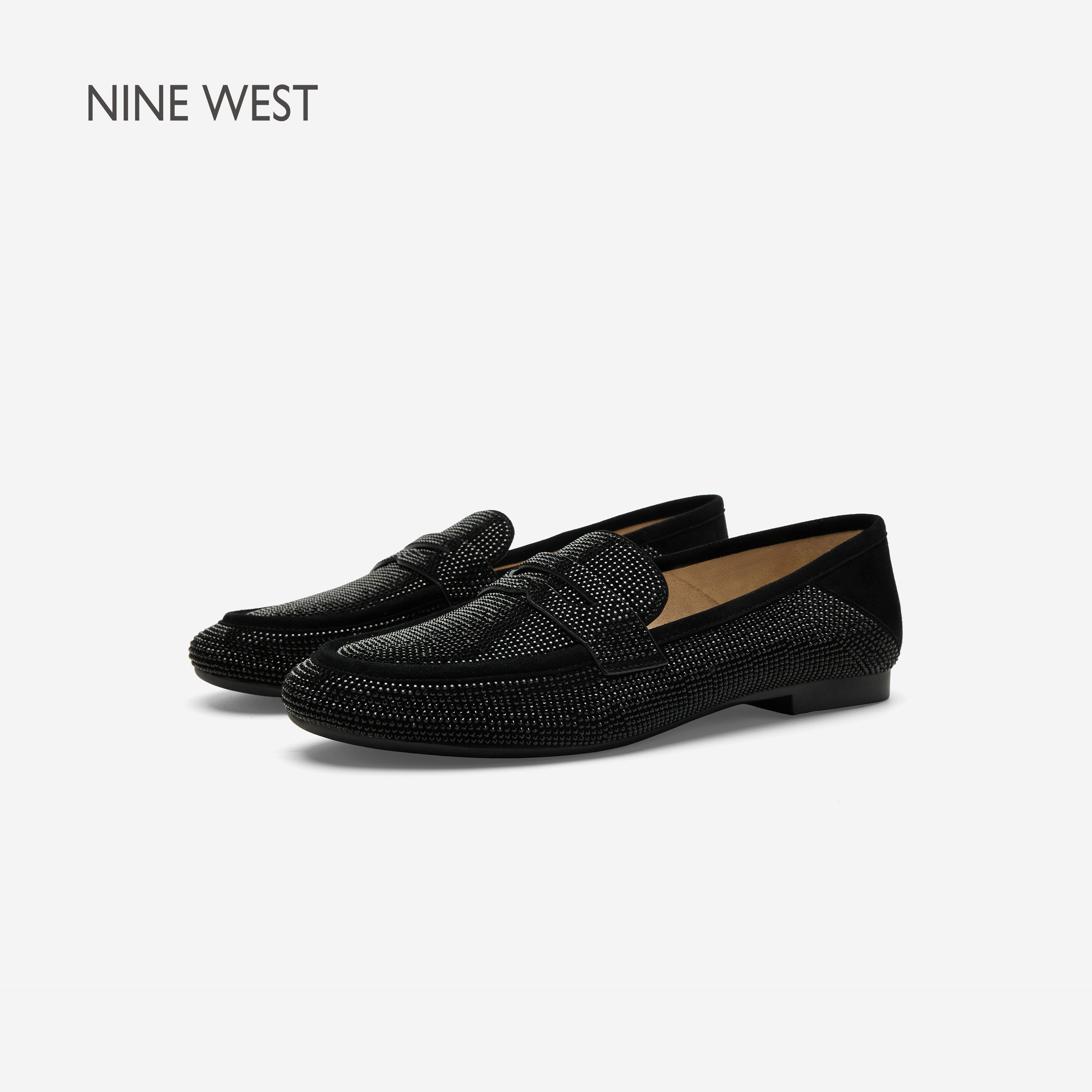 Nine West/玖熙2026年水钻乐福鞋女平底圆头一脚蹬绒面软底豆豆鞋,女鞋,乐福鞋（豆豆鞋）,淘宝优惠券,粉丝福利购,淘宝优惠卷