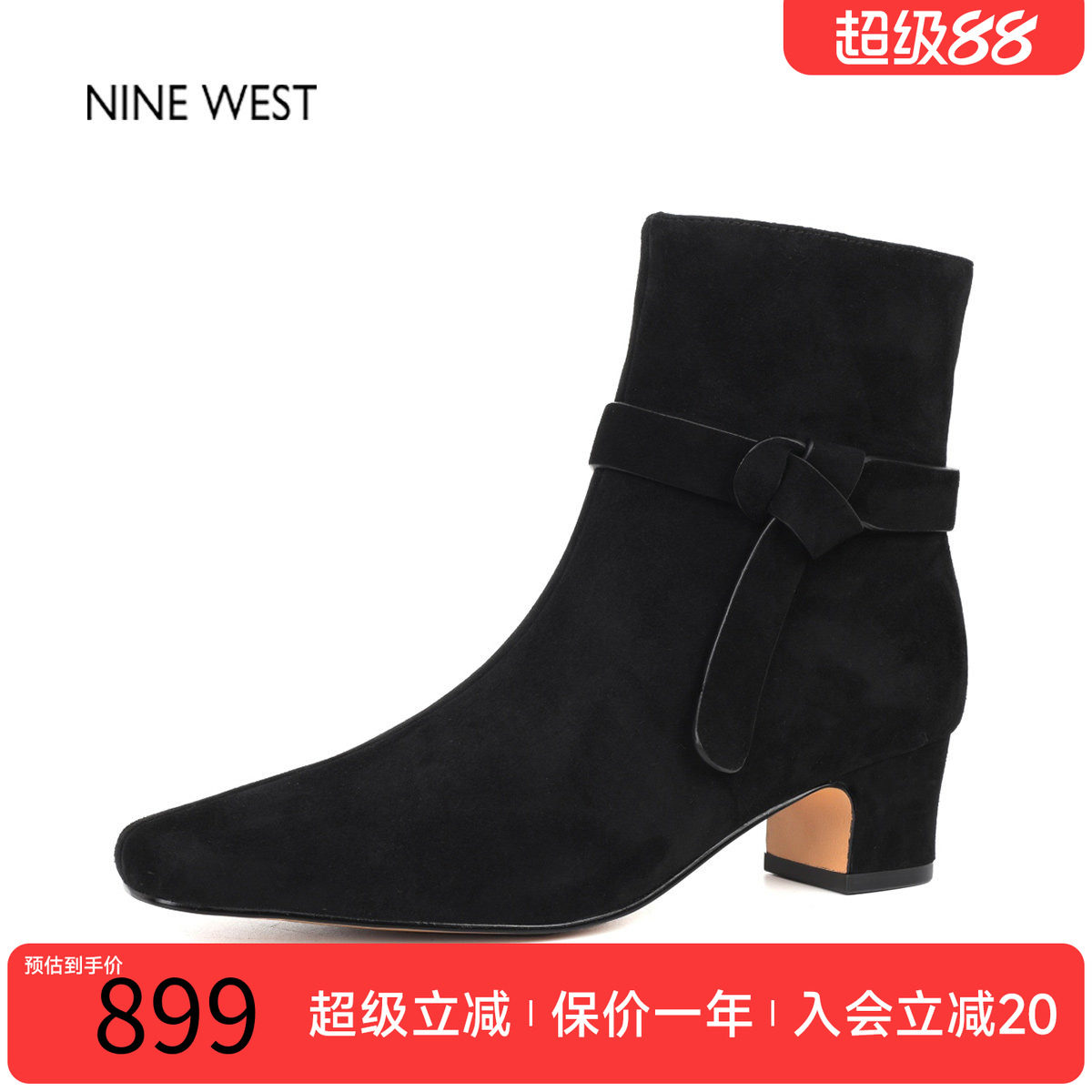 新款短靴黑色法式复古粗跟方头