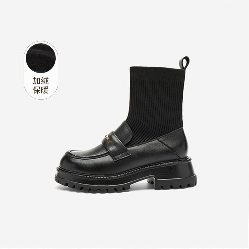 奥莱专供Nine West/玖熙加绒乐福式袜靴女厚底增高短靴女弹力靴