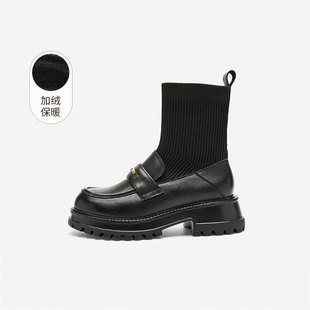 袜靴女厚底增高短靴女弹力靴 玖熙加绒乐福式 奥莱专供Nine West