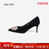 West 玖熙羊皮水钻高跟鞋 女法式 奥莱专供Nine 气质细跟尖头单鞋 子