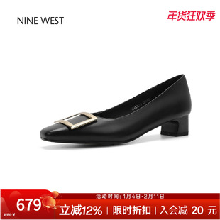 奥莱专供Nine West/玖熙法式方扣单鞋女中跟浅口粗跟通勤工作鞋