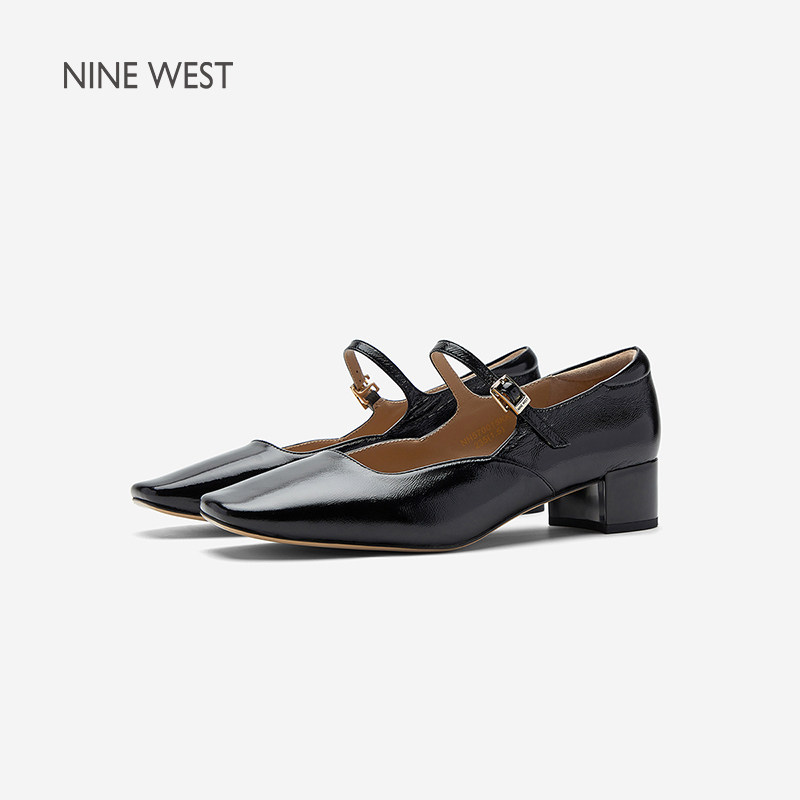 Nine West/玖熙法式玛丽珍鞋女黑色方头粗跟一字扣带复古风女单鞋