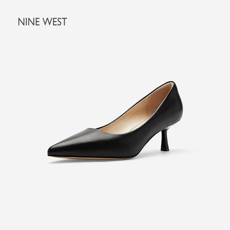 Nine West/玖熙通勤风黑色尖头细跟高跟鞋女纯色浅口单鞋职场女鞋