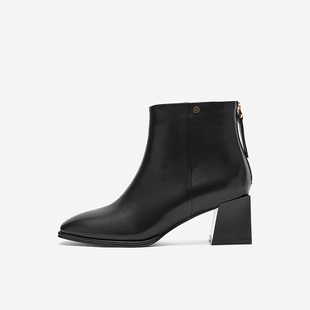 时装 Nine 新款 玖熙2025年冬季 靴女方头羊皮优雅高跟粗跟短靴 West