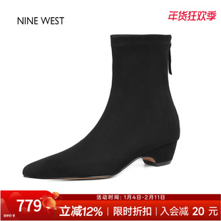 奥莱专供Nine West/玖熙法式复古瘦瘦靴尖头短靴粗跟靴子气质女靴