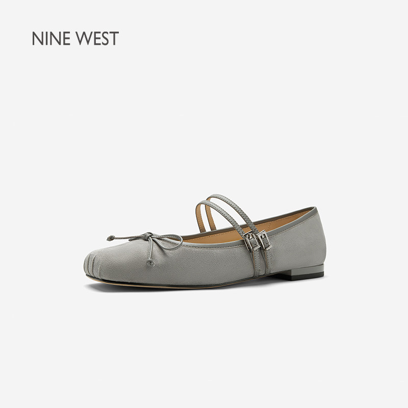Nine West/玖熙法式复古玛丽珍鞋女灰色蝴蝶结交叉带优雅平底单鞋