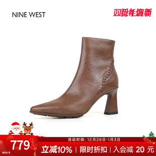 复古女靴粗跟短靴气质靴子女冬 玖熙尖头法式 奥莱专供Nine West