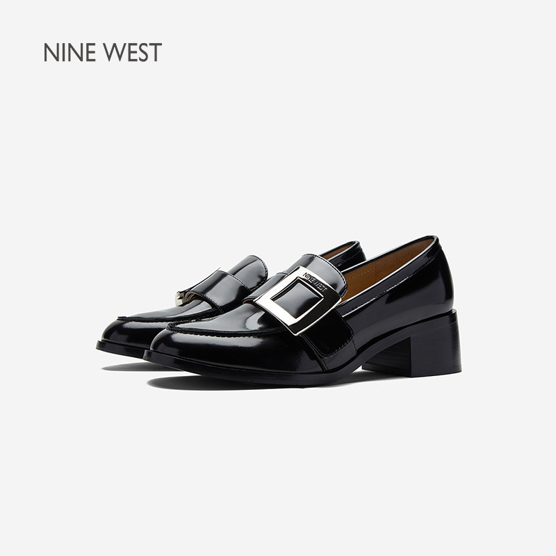Nine West/玖熙英伦风复古搭扣乐福鞋女粗跟黑色小皮鞋金属扣