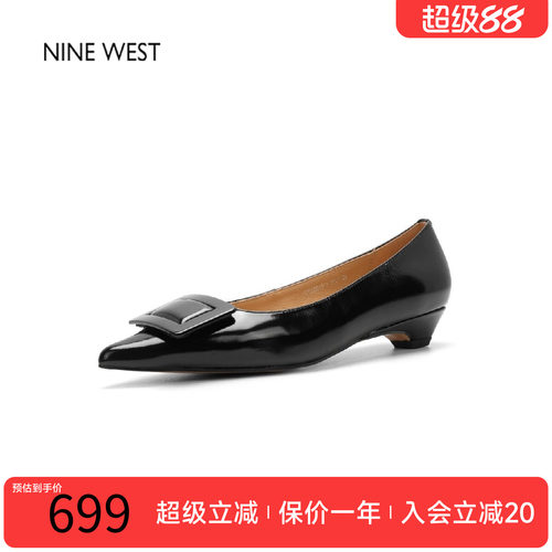 玖熙通勤方头方扣漆皮低跟单鞋