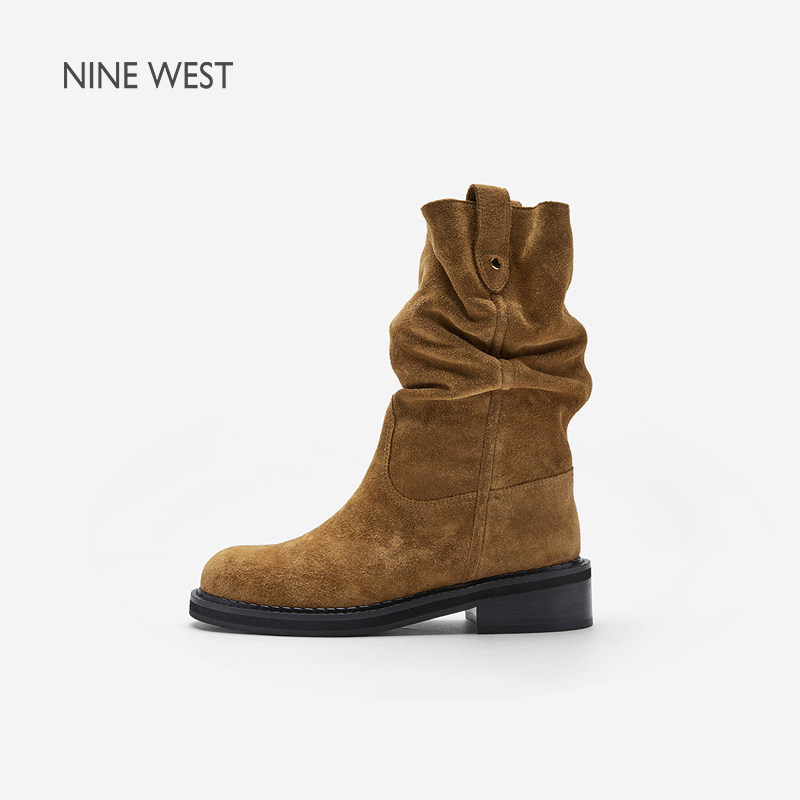 Nine West/玖熙复古风堆堆靴女中筒粗跟褶皱西部靴秋冬新款短靴