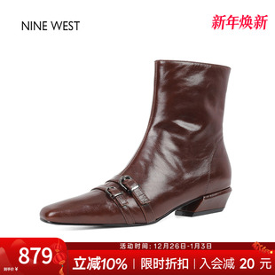 奥莱专供Nine 玖熙方头不累脚弹力瘦瘦靴切尔西女靴粗跟短靴 West