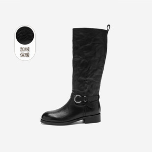 奥莱专供Nine 玖熙加绒骑士靴女黑色圆扣长筒靴显瘦宽筒女靴 West