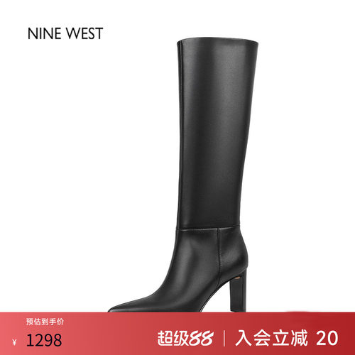 奥莱专供Nine West/玖熙 欧美风尖头高跟靴女长筒皮褶皱瘦腿靴