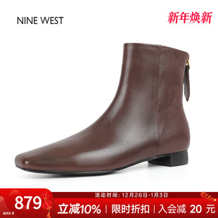 靴真皮女靴平底踝靴冬天靴子粗跟单靴 玖熙时装 奥莱专供Nine West