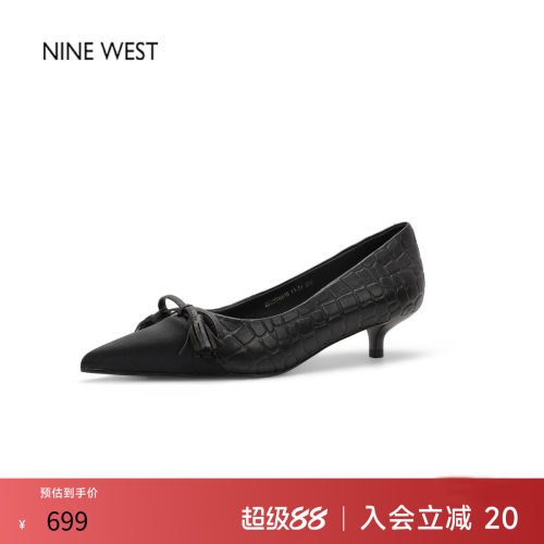玖熙真皮尖头猫跟蝴蝶结单鞋
