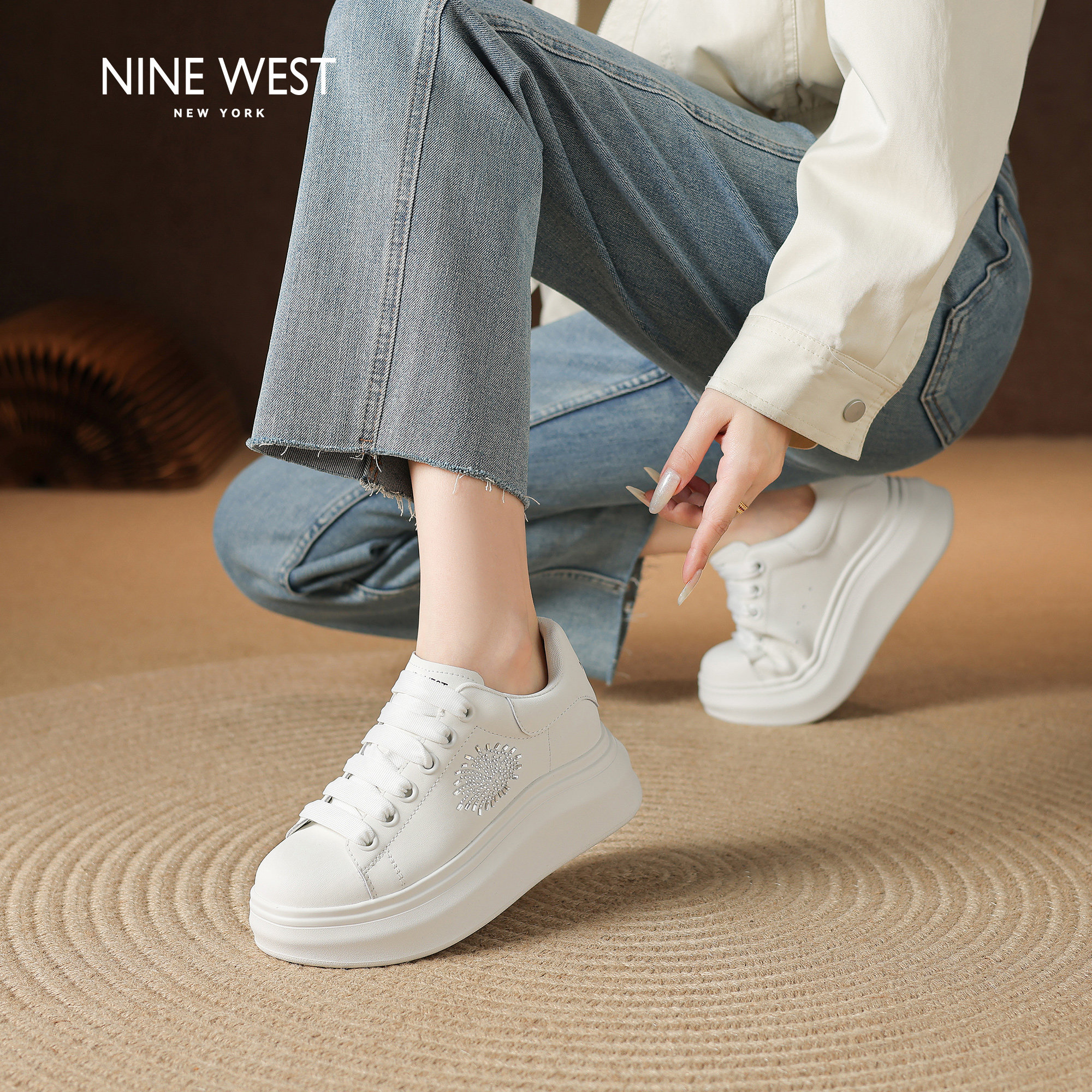Nine West/玖熙小白鞋内增高女小个子厚底水钻烟花板鞋JJ真皮鞋垫