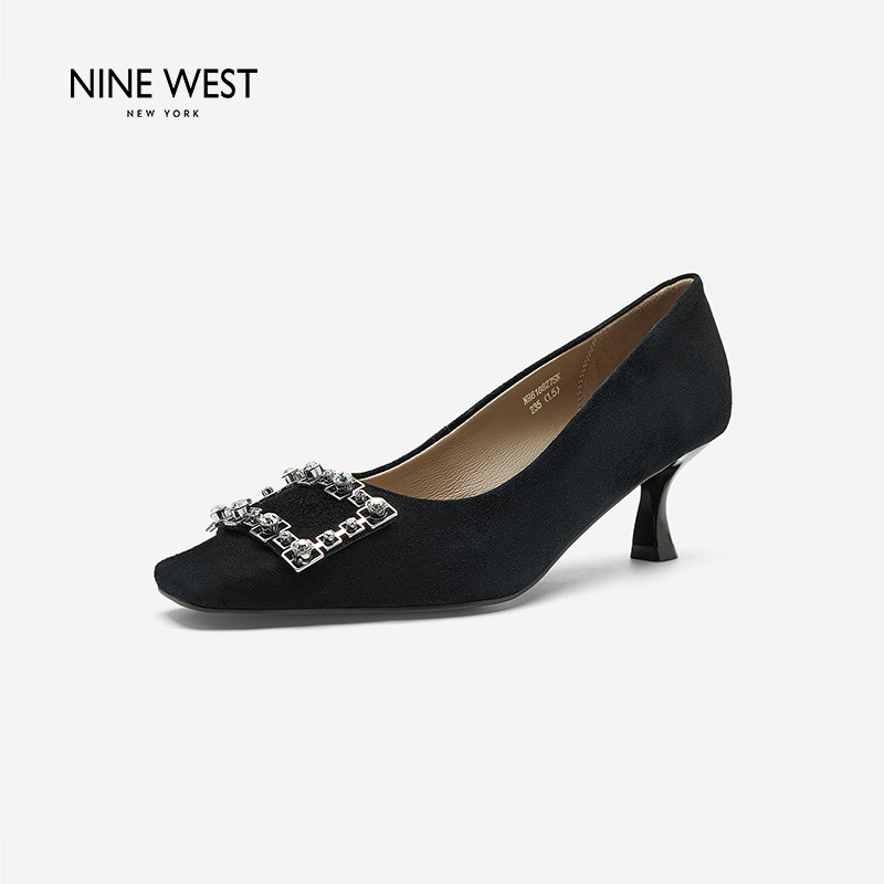 Nine West/玖熙黑色浅口方头单鞋女猫跟水钻方扣高跟鞋通勤鞋秋