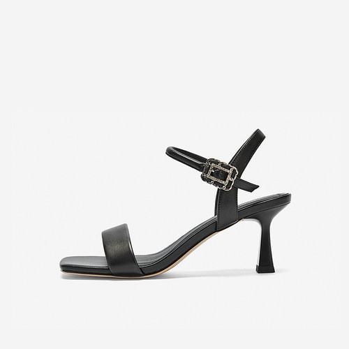 玖熙方头露趾扣带高跟一字带凉鞋