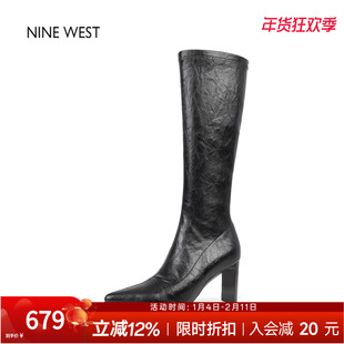 奥莱专供Nine West/玖熙法式复古尖头细跟弹力靴不过膝长靴高筒靴