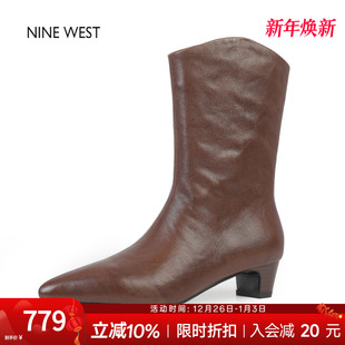 复古尖头低跟时装 玖熙法式 靴气质女靴粗跟短靴 West 奥莱专供Nine