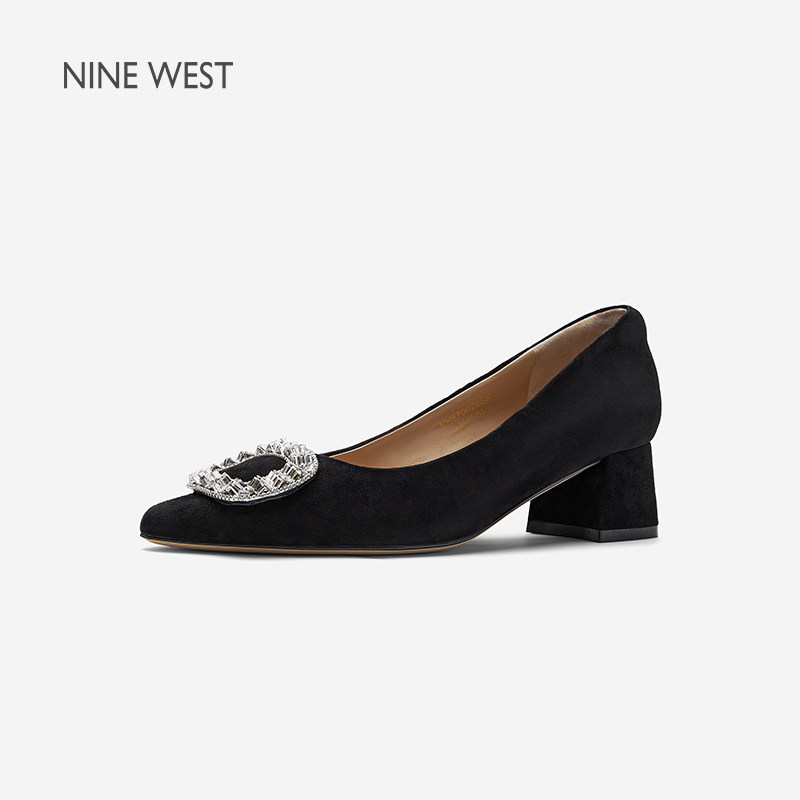 奥莱专供Nine West/玖熙通勤风水钻方扣绒面高跟鞋女浅口单鞋百搭