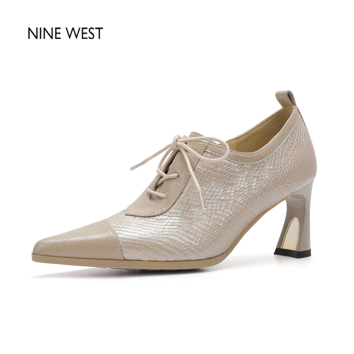 法式复古尖头系带蛇纹粗跟单鞋