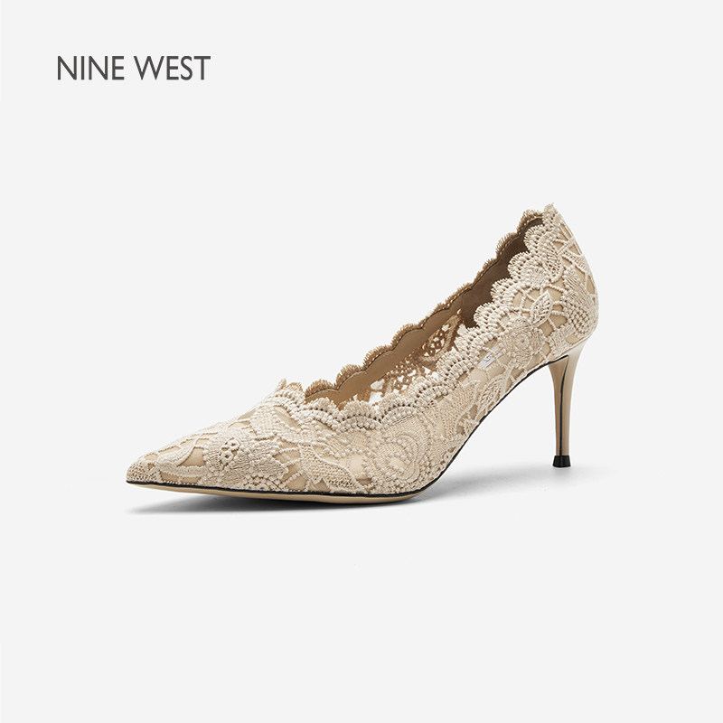 Nine West/玖熙法式蕾丝浅口单鞋女细跟尖头气质款优雅高跟鞋婚鞋