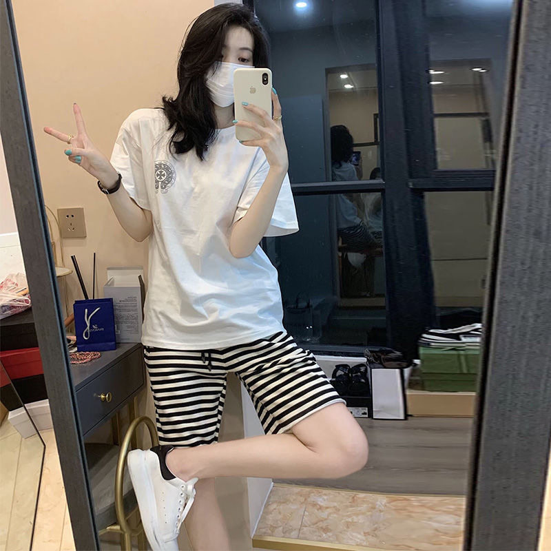 夏季套装美式潮流嘻哈宽松短袖T恤条纹五分裤时尚休闲女装两件套
