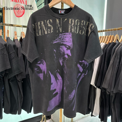 EN水洗大师Guns N Roses 枪与玫瑰乐队做旧210g古着感复古短袖T恤