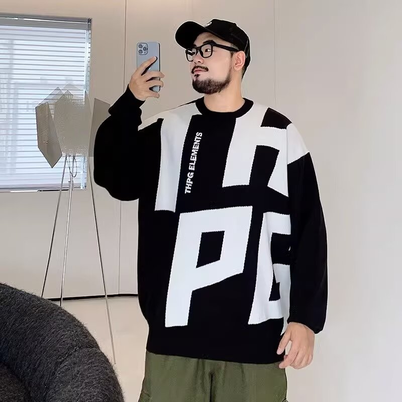 PANG哥大码宽松提花圆领毛衣