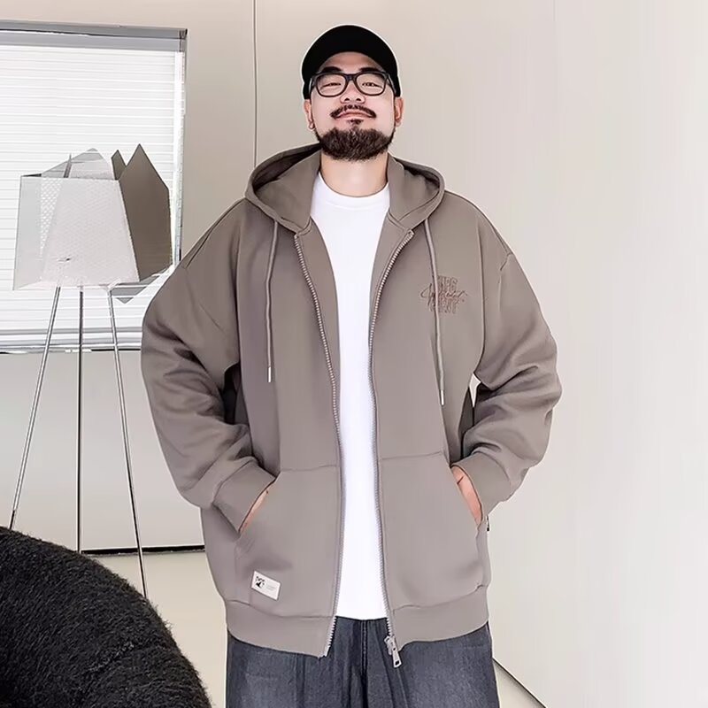 PANG哥 潮牌大码男装2025秋胖子宽松开衫连帽卫衣男加肥加大帽衫