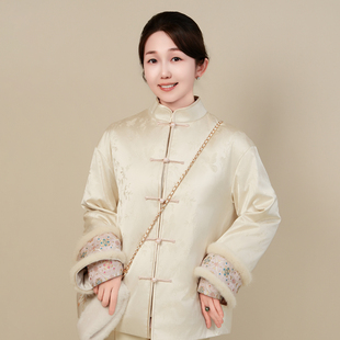 依山锦新中式 宋锦桑蚕丝鹅绒真丝高端棉服国风外套上衣小袄女冬